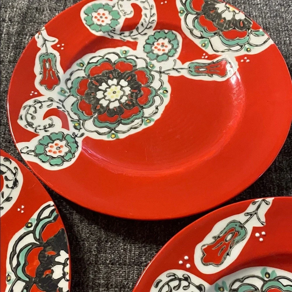 Anthropologie Vibrant Red Decorative Plate with Floral Design. Set of 5.